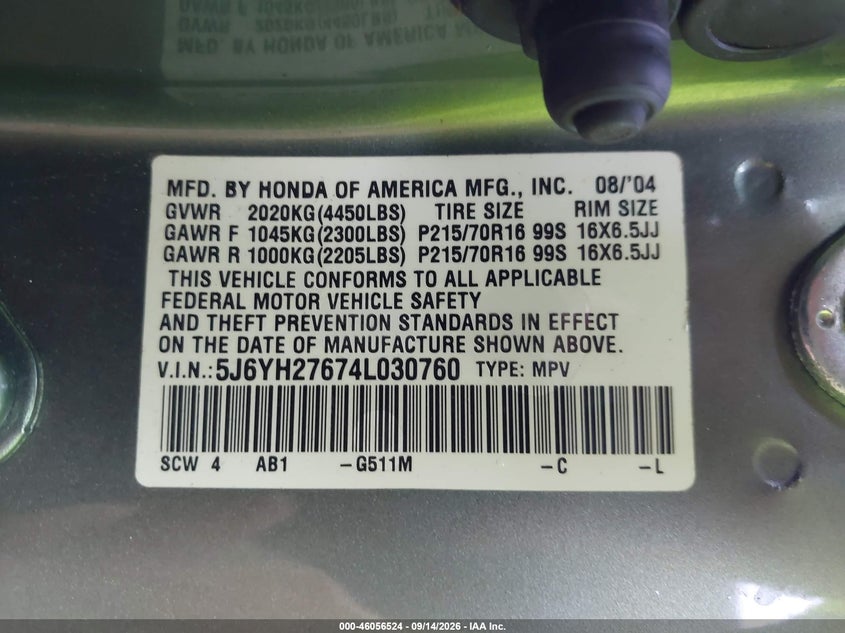 HONDA ELEMENT 2004 VIN 5J6YH27674L030760