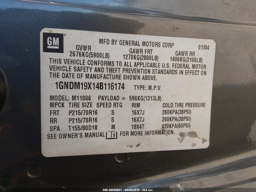 CHEVROLET ASTRO 2004 VIN 1GNDM19X14B116174