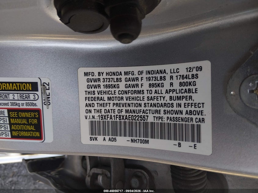 2010 HONDA CIVIC SEDAN 1.8L I-4 VVT, REGULAR , 140HP
