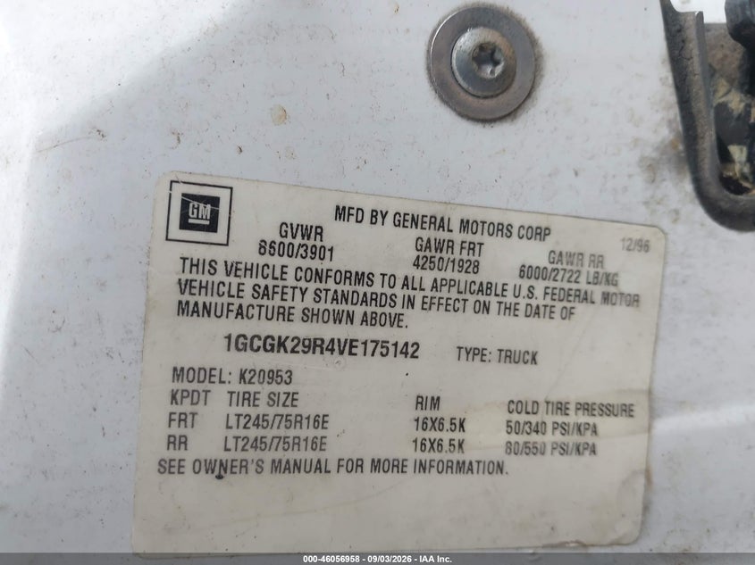 CHEVROLET K2500 1997 VIN 1GCGK29R4VE175142
