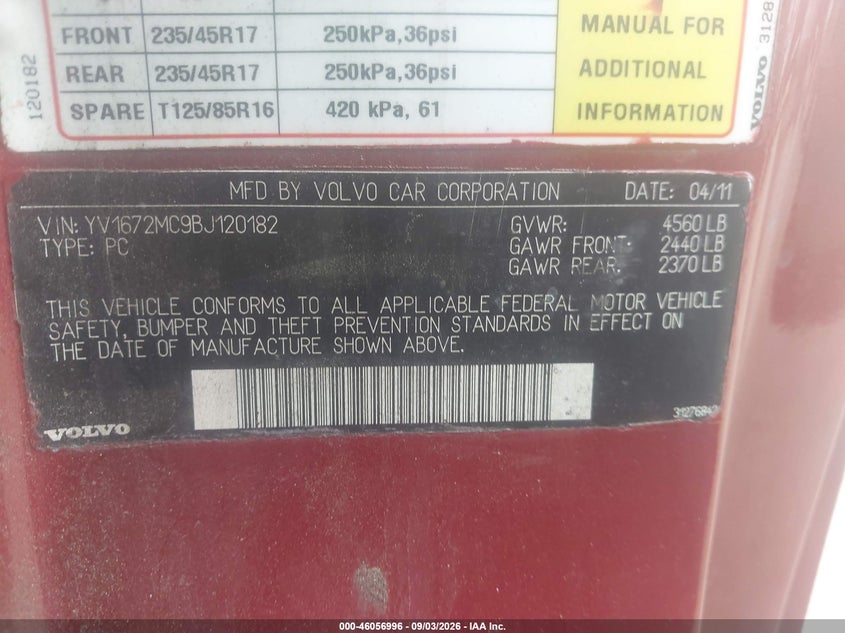 VOLVO C70 2011 VIN YV1672MC9BJ120182