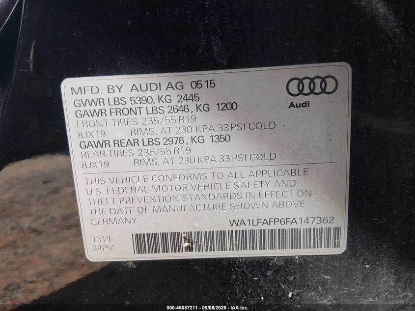 2015 AUDI Q5 SPORT UTILITY VEHICLE 2.0L I-4 DI, DOHC, VVT, TURBO, PREMIUM , 220HP
