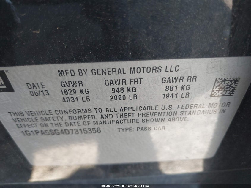 CHEVROLET CRUZE 2013 VIN 1G1PA5SG4D7315358