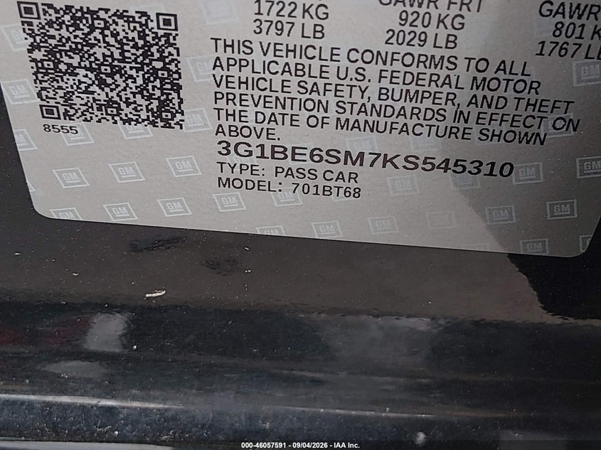 CHEVROLET CRUZE 2019 VIN 3G1BE6SM7KS545310