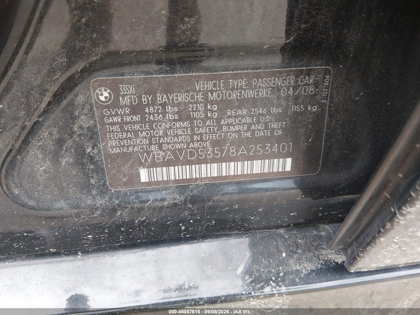 BMW 335XI 2008 VIN WBAVD53578A253401