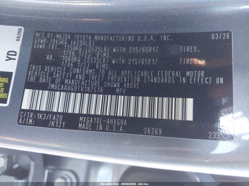 TOYOTA COROLLA CROSS 2026 VIN 7MUCAAAG9TV187516