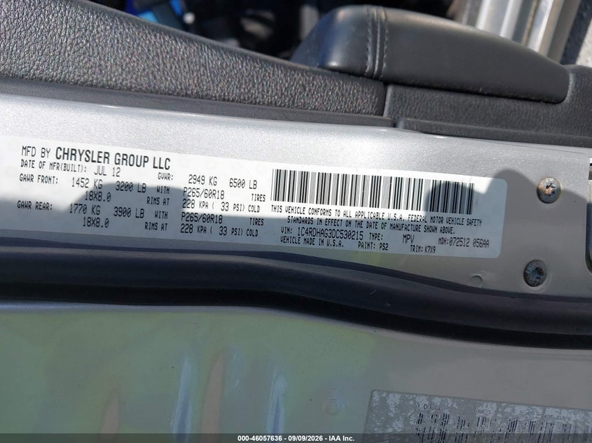 DODGE DURANGO 2013 VIN 1C4RDHAG3DC530215