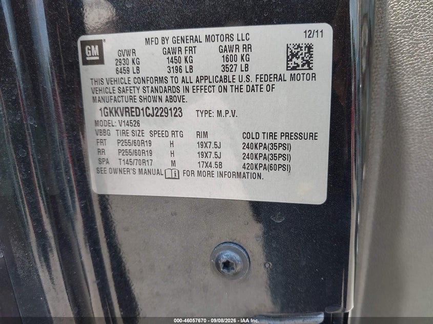 GMC ACADIA 2012 VIN 1GKKVRED1CJ229123