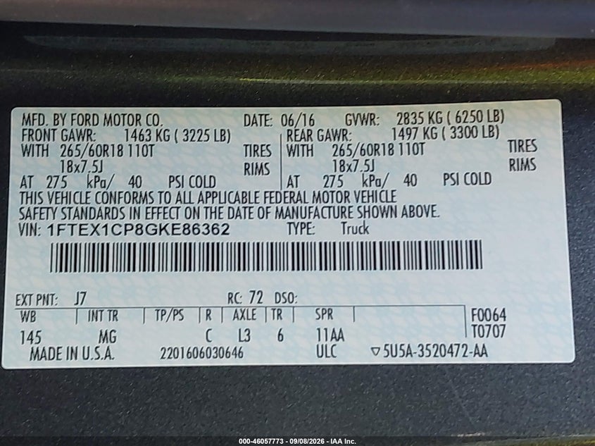 FORD F-150 2016 VIN 1FTEX1CP8GKE86362