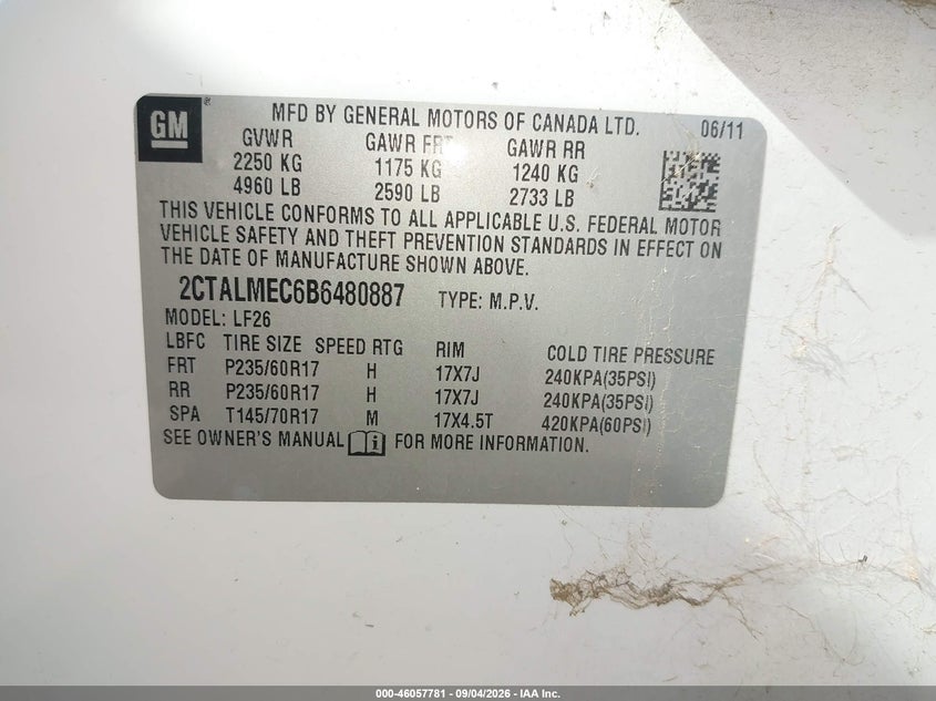 GMC TERRAIN 2011 VIN 2CTALMEC6B6480887