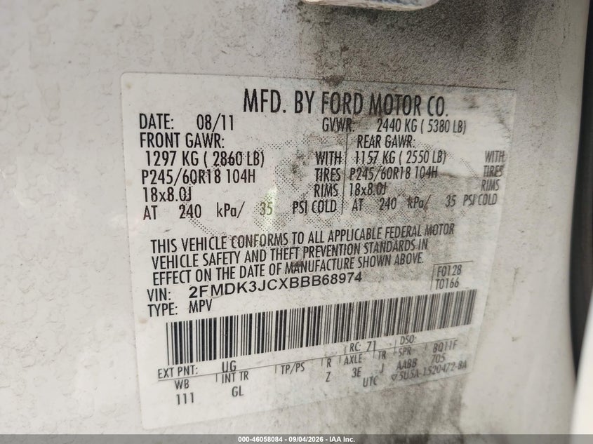 2011 FORD EDGE SPORT UTILITY VEHICLE 3.5L V-6 DOHC, VVT, REGULAR , 285HP