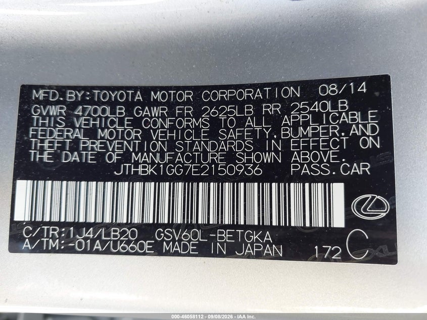 LEXUS ES 350 2014 VIN JTHBK1GG7E2150936