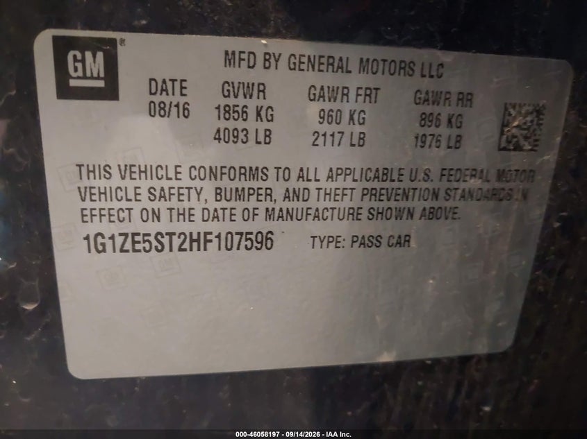 CHEVROLET MALIBU 2017 VIN 1G1ZE5ST2HF107596