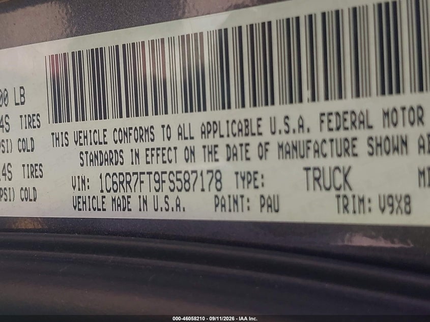 RAM 1500 2015 VIN 1C6RR7FT9FS587178