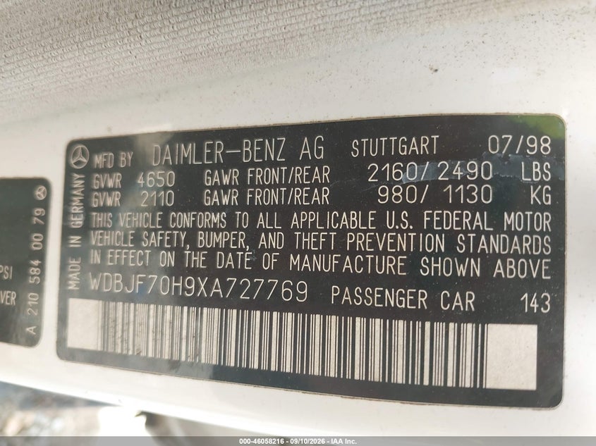 MERCEDES-BENZ E 430 1999 VIN WDBJF70H9XA727769