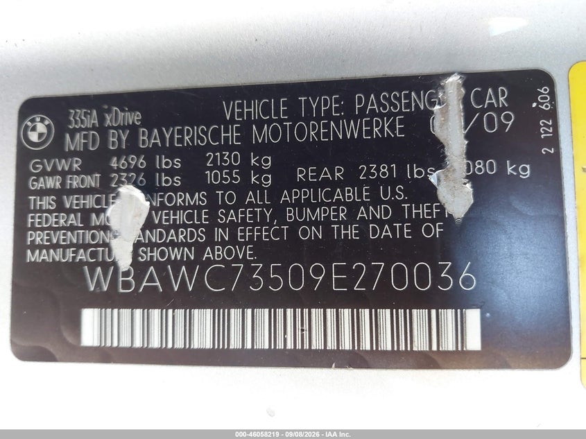 BMW 335I 2009 VIN WBAWC73509E270036