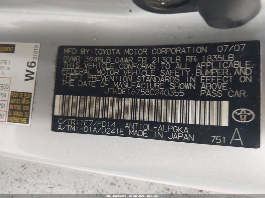 SCION TC 2008 VIN JTKDE167580240355