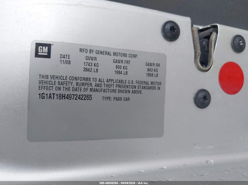 CHEVROLET COBALT 2009 VIN 1G1AT18H497242265