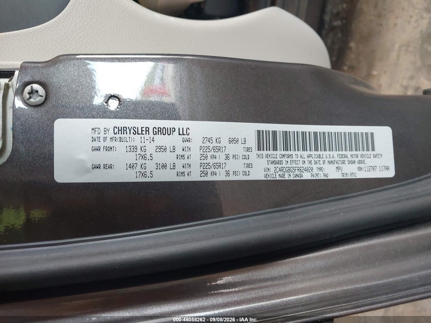 DODGE GRAND CARAVAN 2015 VIN 2C4RDGBG5FR624020