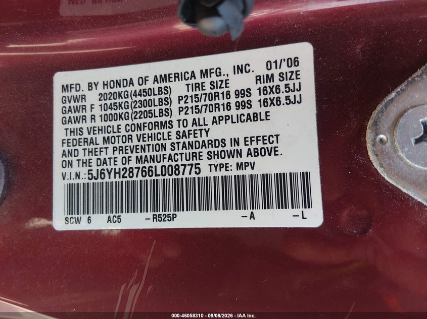 HONDA ELEMENT 2006 VIN 5J6YH28766L008775