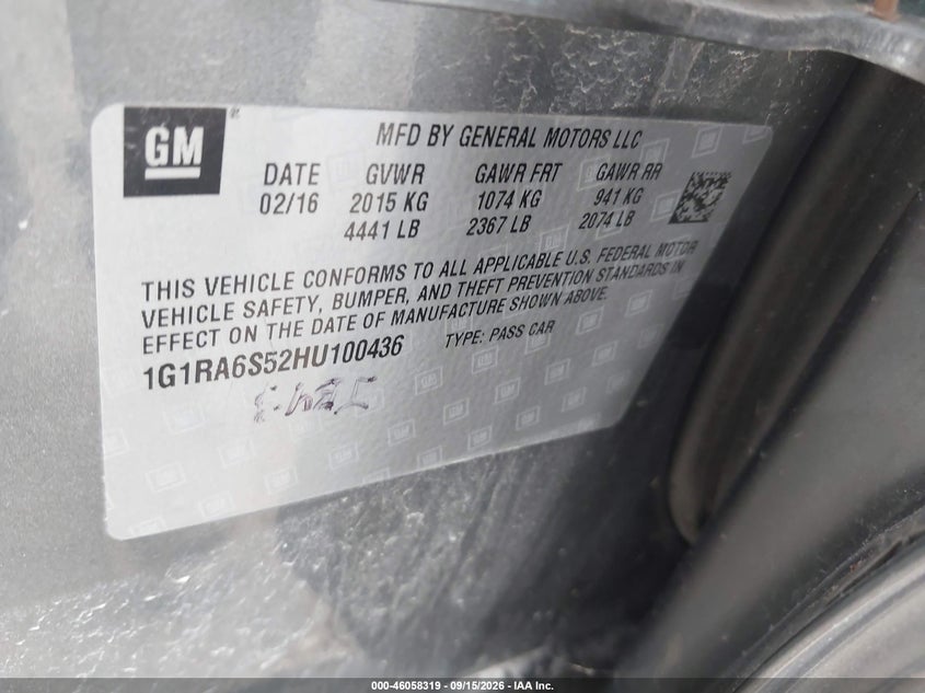CHEVROLET VOLT 2017 VIN 1G1RA6S52HU100436