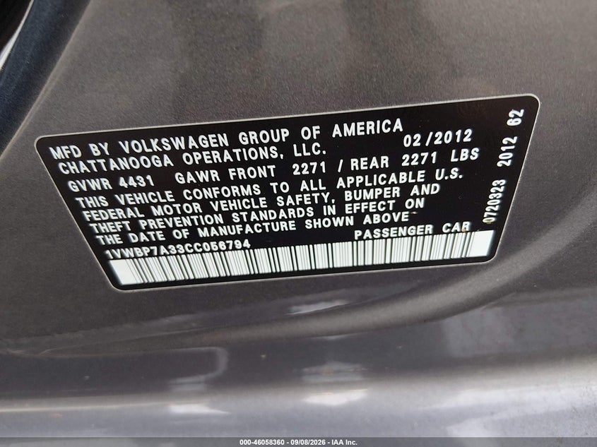 VOLKSWAGEN PASSAT 2012 VIN 1VWBP7A33CC056794