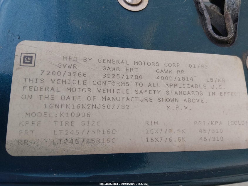 CHEVROLET SUBURBAN 1992 VIN 1GNFK16K2NJ307732
