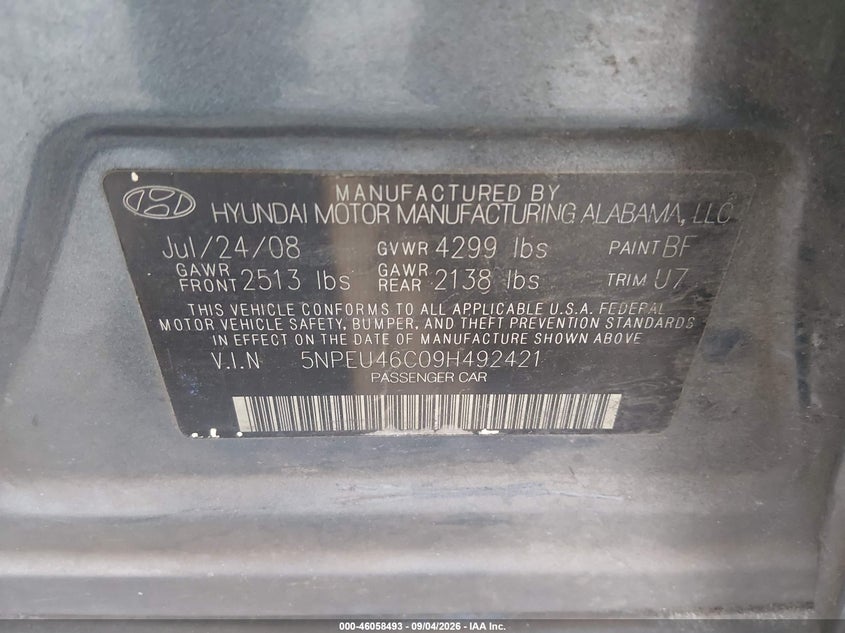 HYUNDAI SONATA 2009 VIN 5NPEU46C09H492421