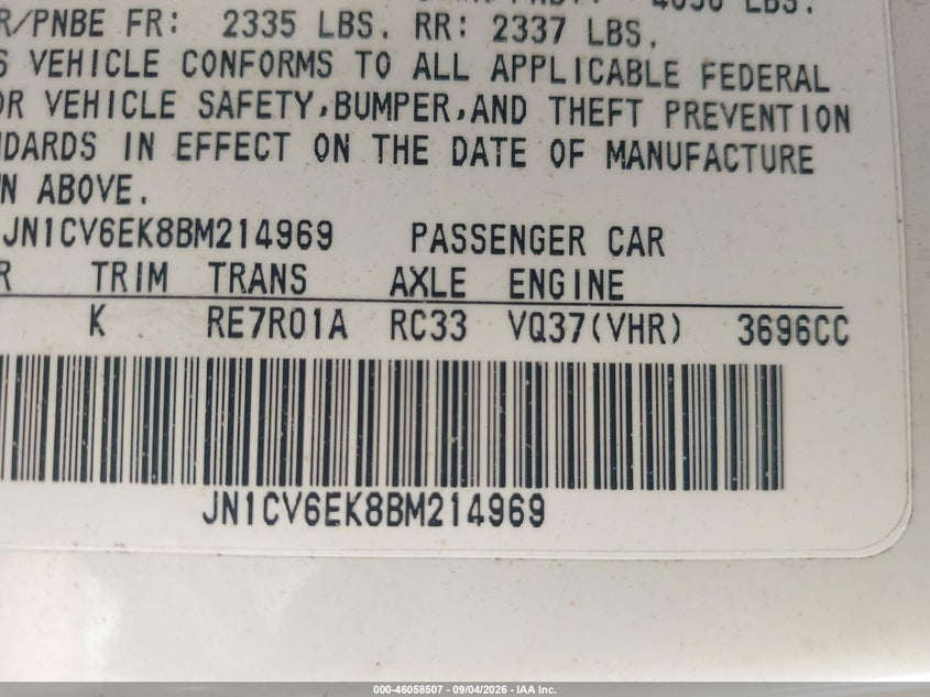 INFINITI G37 2011 VIN JN1CV6EK8BM214969