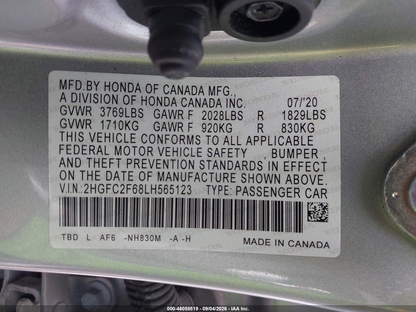 HONDA CIVIC 2020 VIN 2HGFC2F68LH565123