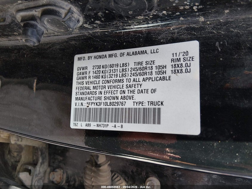 HONDA RIDGELINE 2020 VIN 5FPYK3F10LB029767