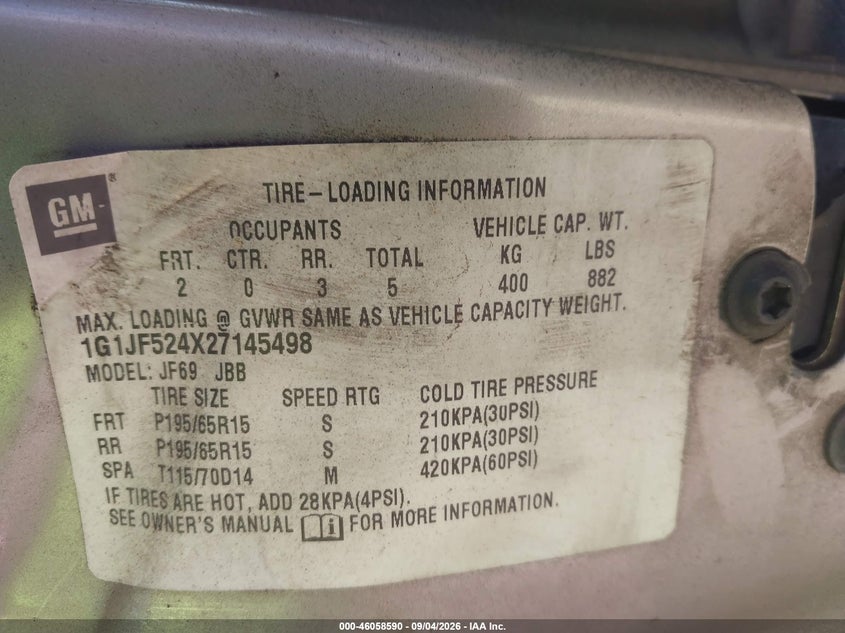 CHEVROLET CAVALIER 2002 VIN 1G1JF524X27145498