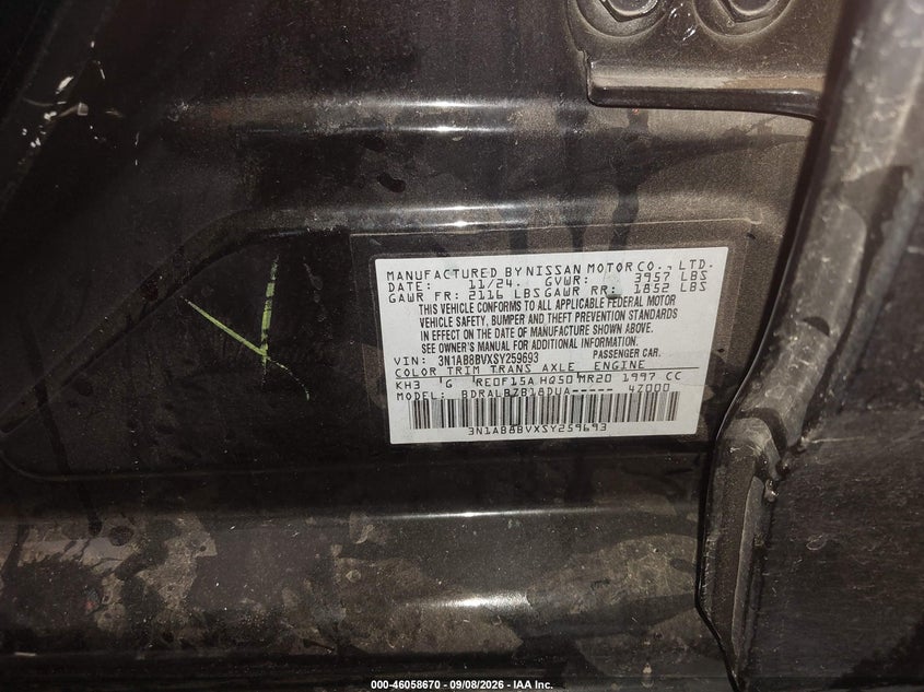 NISSAN SENTRA 2025 VIN 3N1AB8BVXSY259693