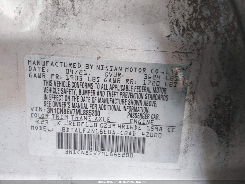 NISSAN VERSA 2021 VIN 3N1CN8EV7ML885200