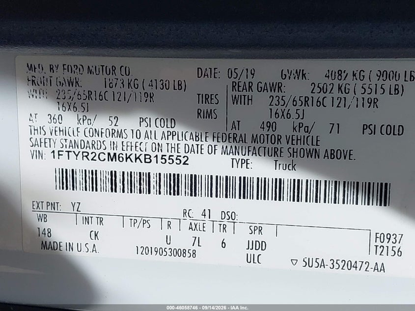 Vin: 1ftyr2cm6kkb15552, lot: 46558268, ford transit-250 20194