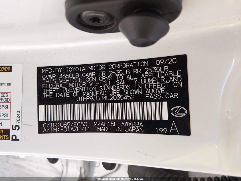 2020 Lexus Ux 250H VIN: JTHP9JBH4L2035452 Lot: 46058820