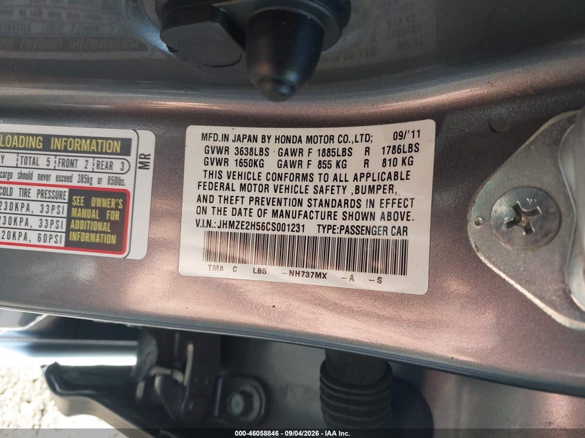 HONDA INSIGHT 2012 VIN JHMZE2H56CS001231