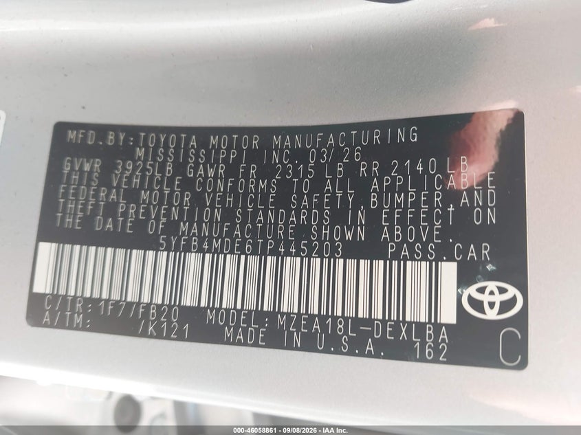 2026 TOYOTA COROLLA SEDAN 2.0L I-4 DI, DOHC, VVT, REGULAR , 169HP