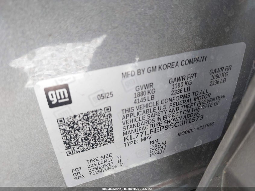 CHEVROLET TRAX 2025 VIN KL77LFEP9SC301573