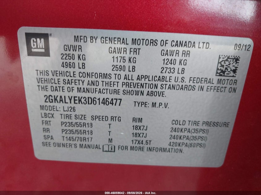 GMC TERRAIN 2013 VIN 2GKALYEK3D6146477