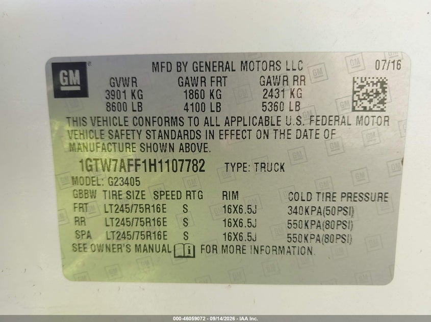 GMC SAVANA 2500 2017 VIN 1GTW7AFF1H1107782