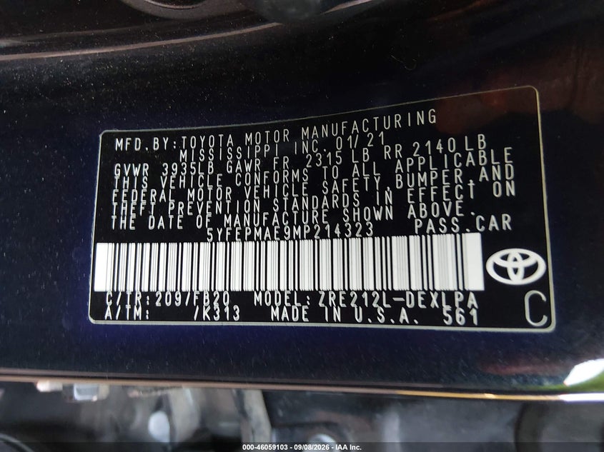 TOYOTA COROLLA 2021 VIN 5YFEPMAE9MP214323