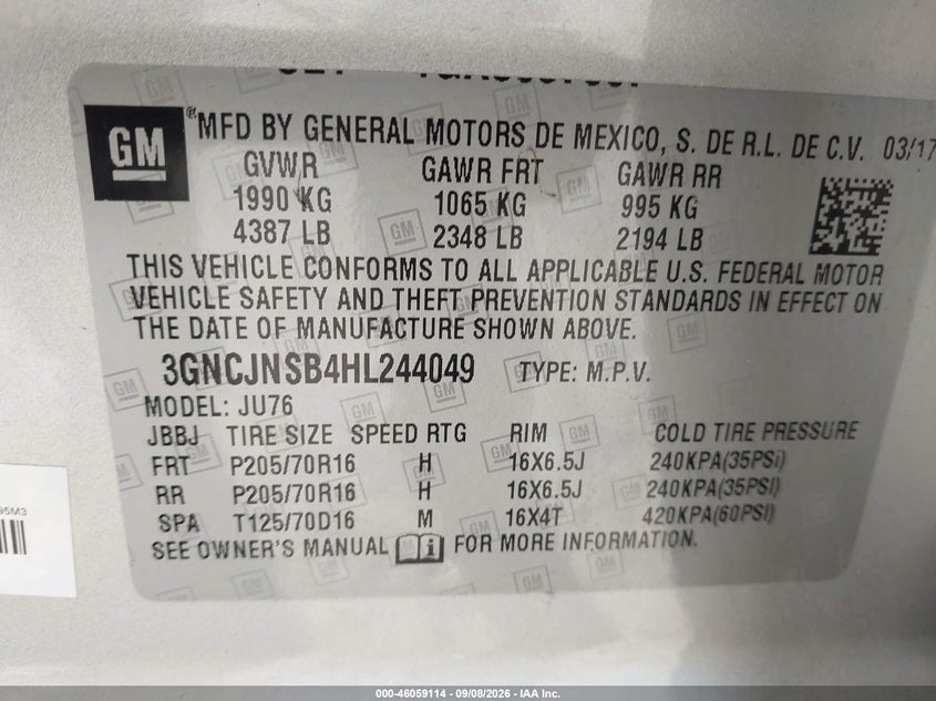 CHEVROLET TRAX 2017 VIN 3GNCJNSB4HL244049