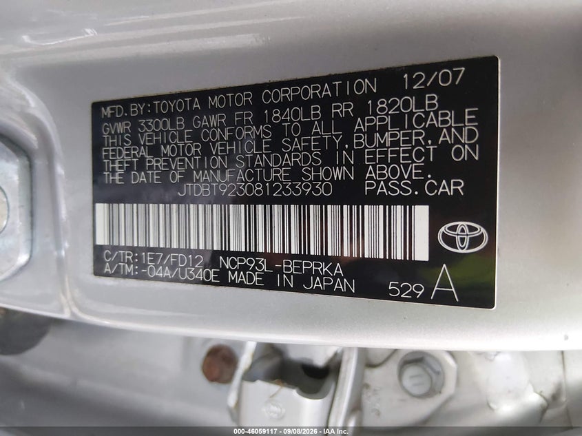 TOYOTA YARIS 2008 VIN JTDBT923081233930