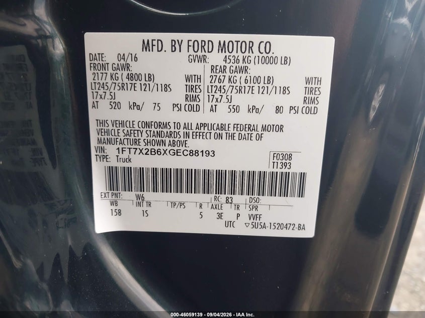 FORD F-250 2016 VIN 1FT7X2B6XGEC88193