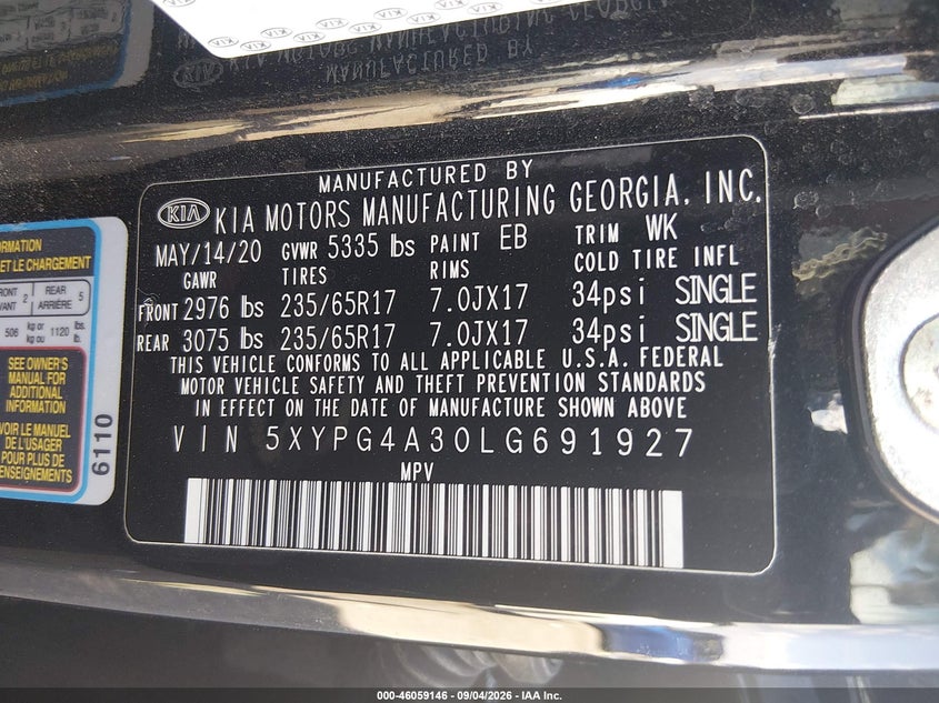 KIA SORENTO 2020 VIN 5XYPG4A30LG691927