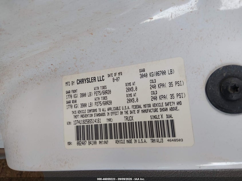 DODGE RAM 1500 2008 VIN 1D7HU18258S514161