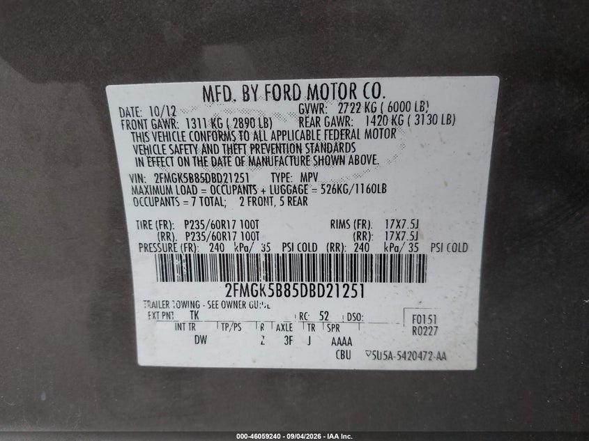 FORD FLEX 2013 VIN 2FMGK5B85DBD21251