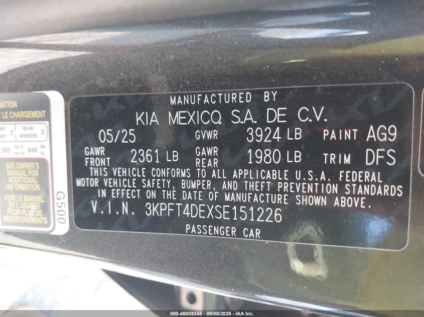 KIA K4 2025 VIN 3KPFT4DEXSE151226