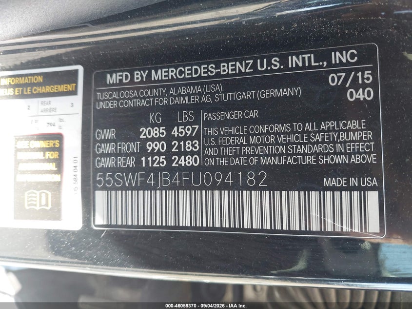 MERCEDES-BENZ C 300 2015 VIN 55SWF4JB4FU094182